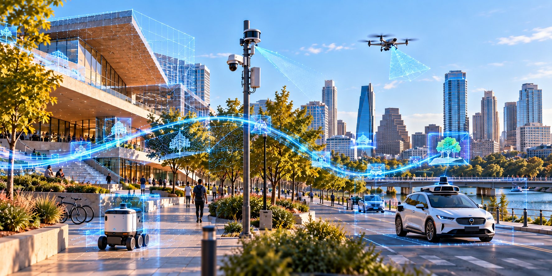 A city waterfront where a delivery robot, an autonomous car, a drone, sensor poles, and people with phones are all connected by one shared stream of spatial data.
